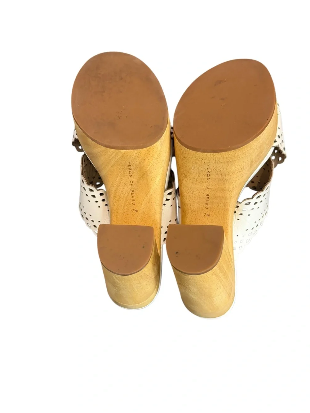 Veronica Beard Gaynor White Scalloped Leather Platform Mule with Wood Heel Clogs